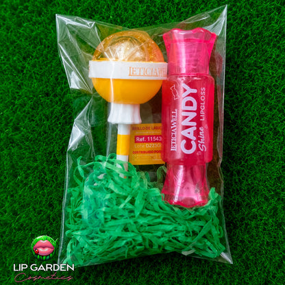 LIP COMBO CANDY-  2 GLOSS CON FORMA DE CHUPACHUPS Y CARAMELO - LIP GARDEN